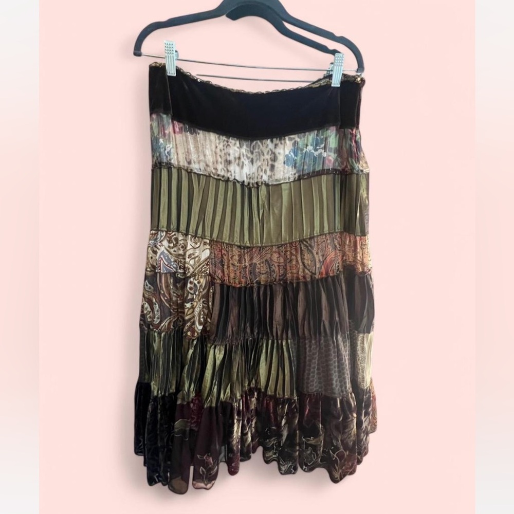 VINTAGE CACHE 80s SILK AND VELVET PATCHWORK MAXI SKIRT.